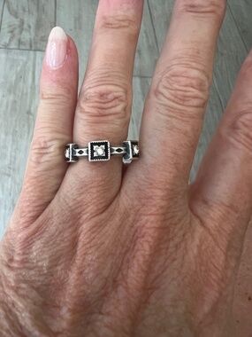Sterling silver three square and crystal band ring size 5